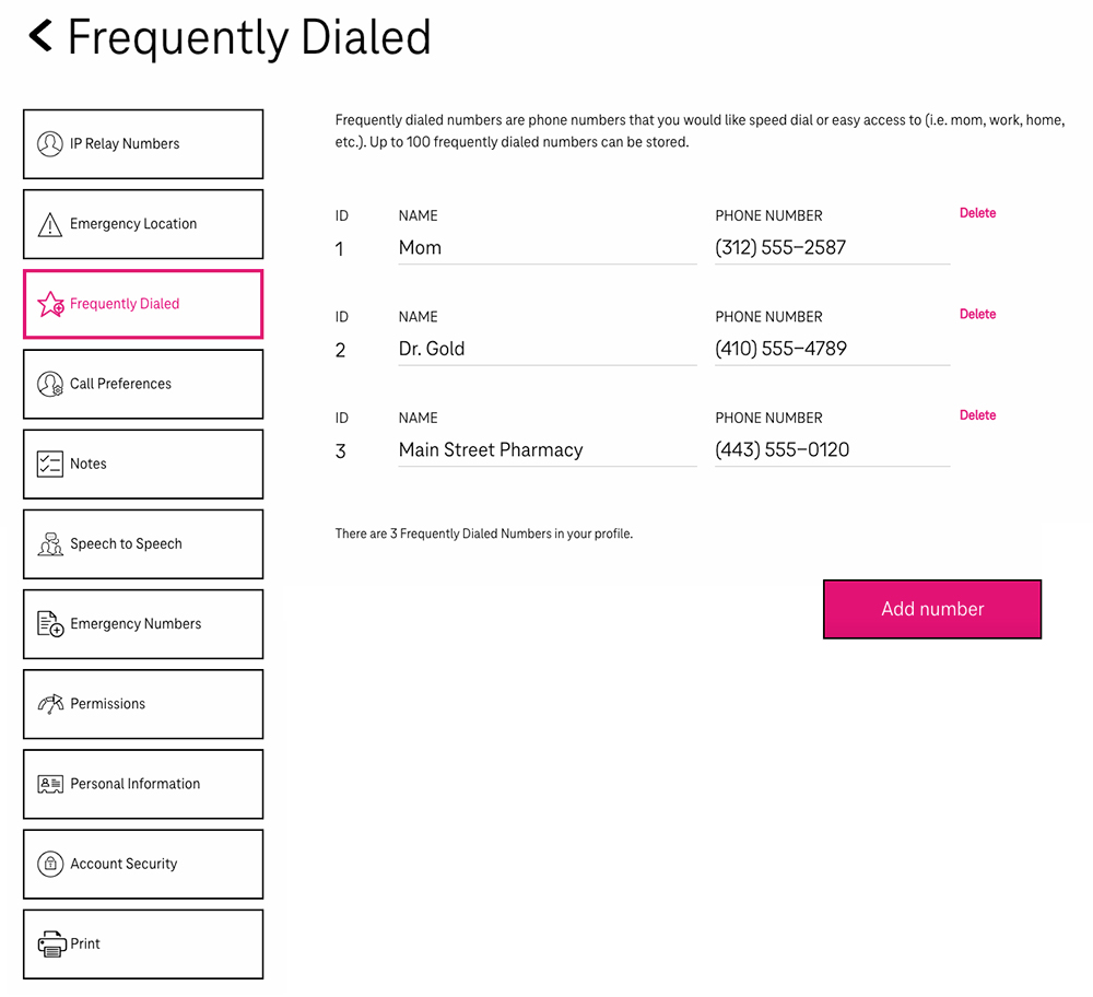 Screenshot of the frequently dialed numbers Profile page.